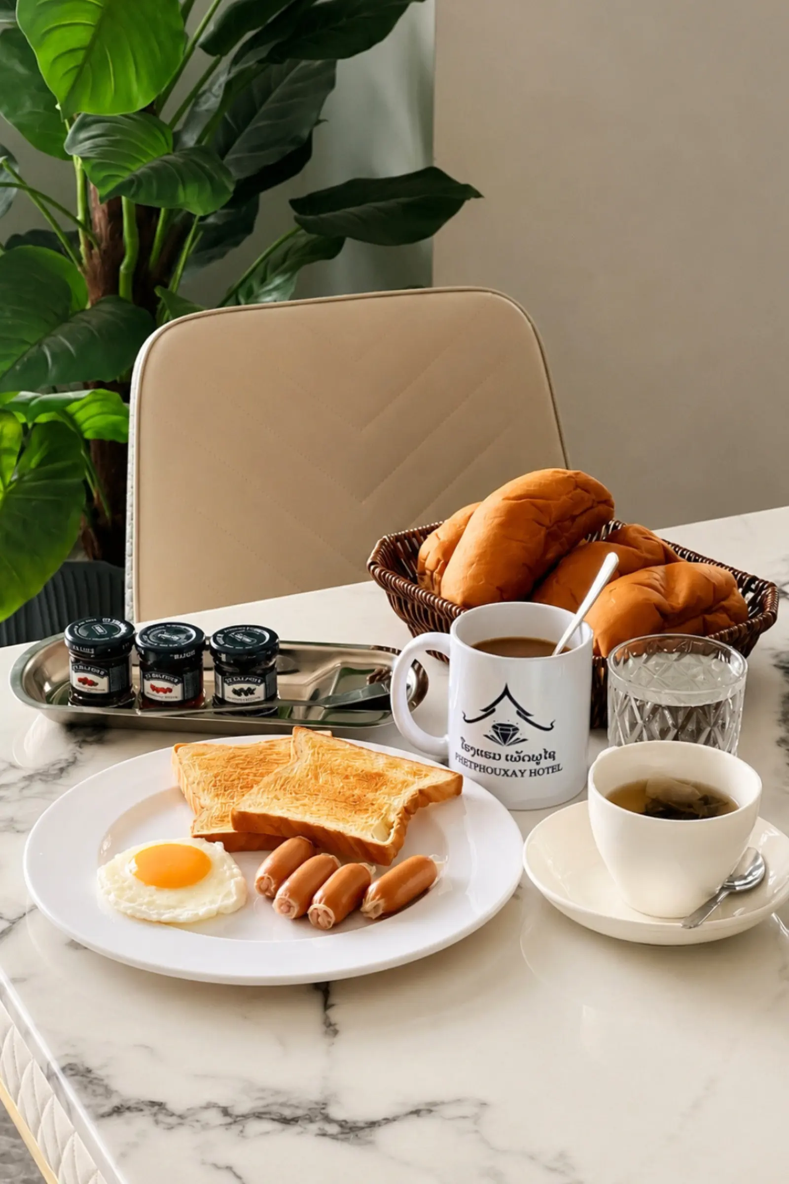 Breakfast set for one — bread basket, jam, coffee and a full plate on a marble table