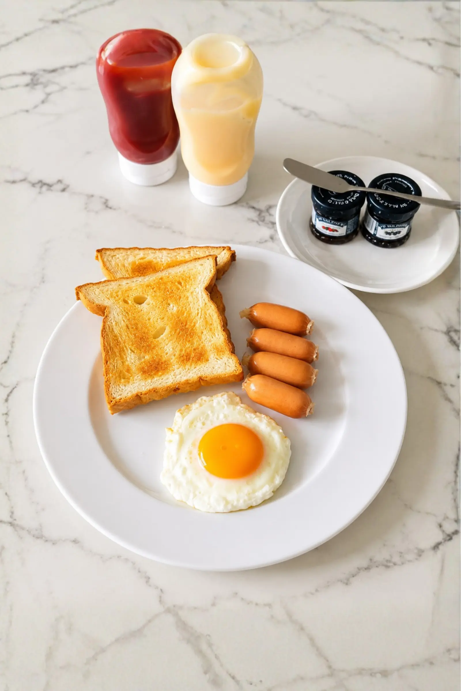 Toast, fried egg and sausages plated with jam and sauces