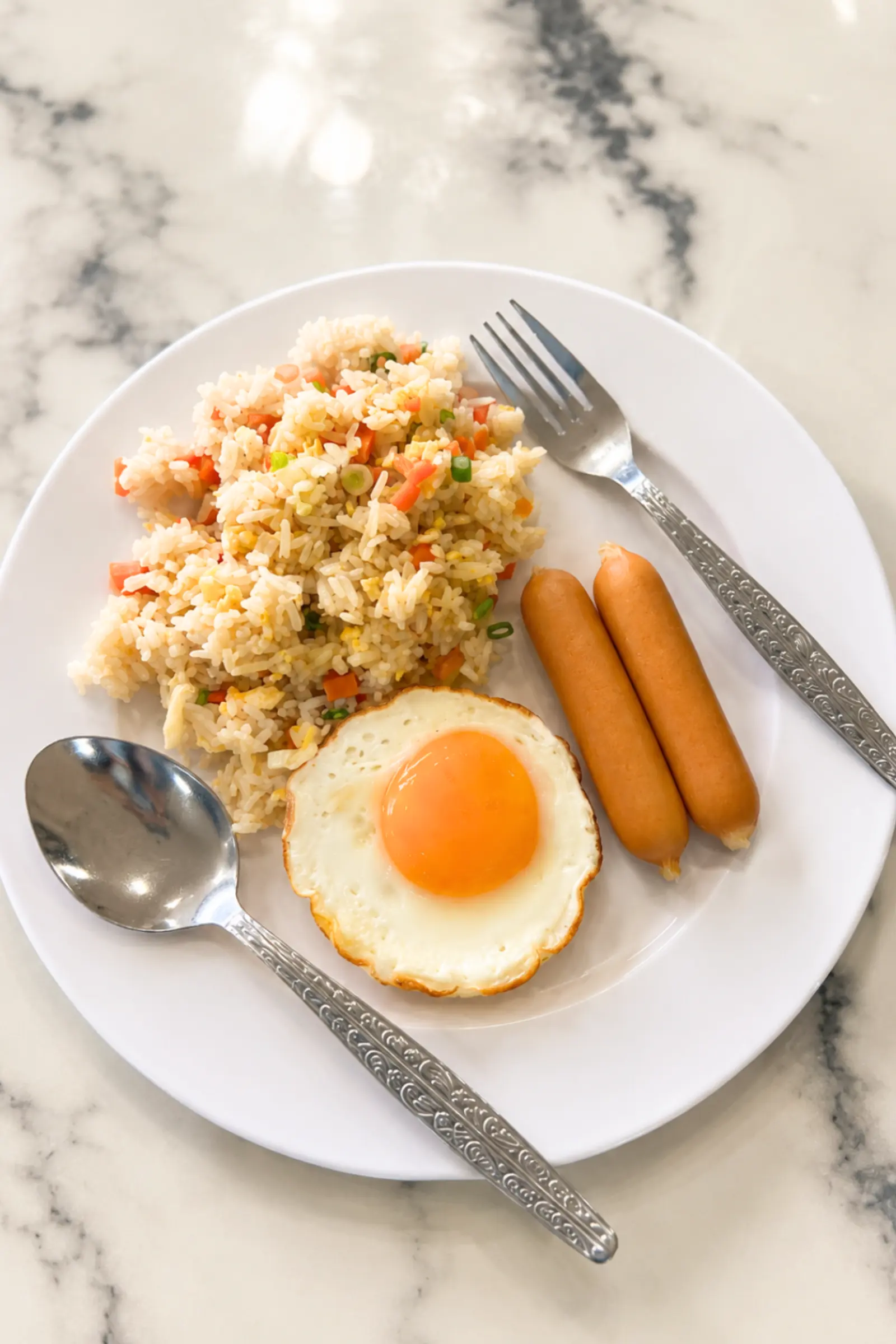 Khao phat — Lao fried rice with a fried egg and sausages