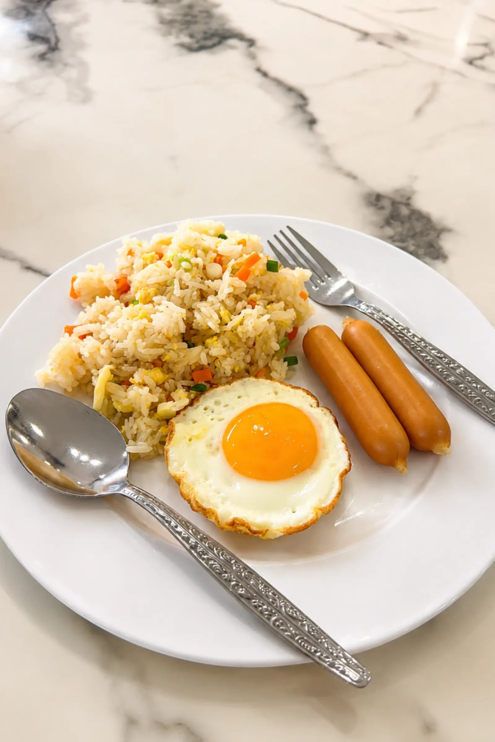 Khao phat served with a fried egg and sausages on a marble table