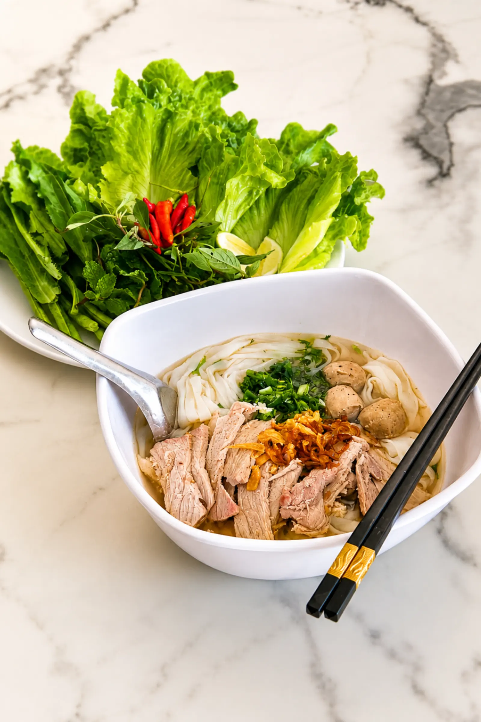 Pho — rice noodle soup with sliced pork, served with a plate of fresh herbs and chilli