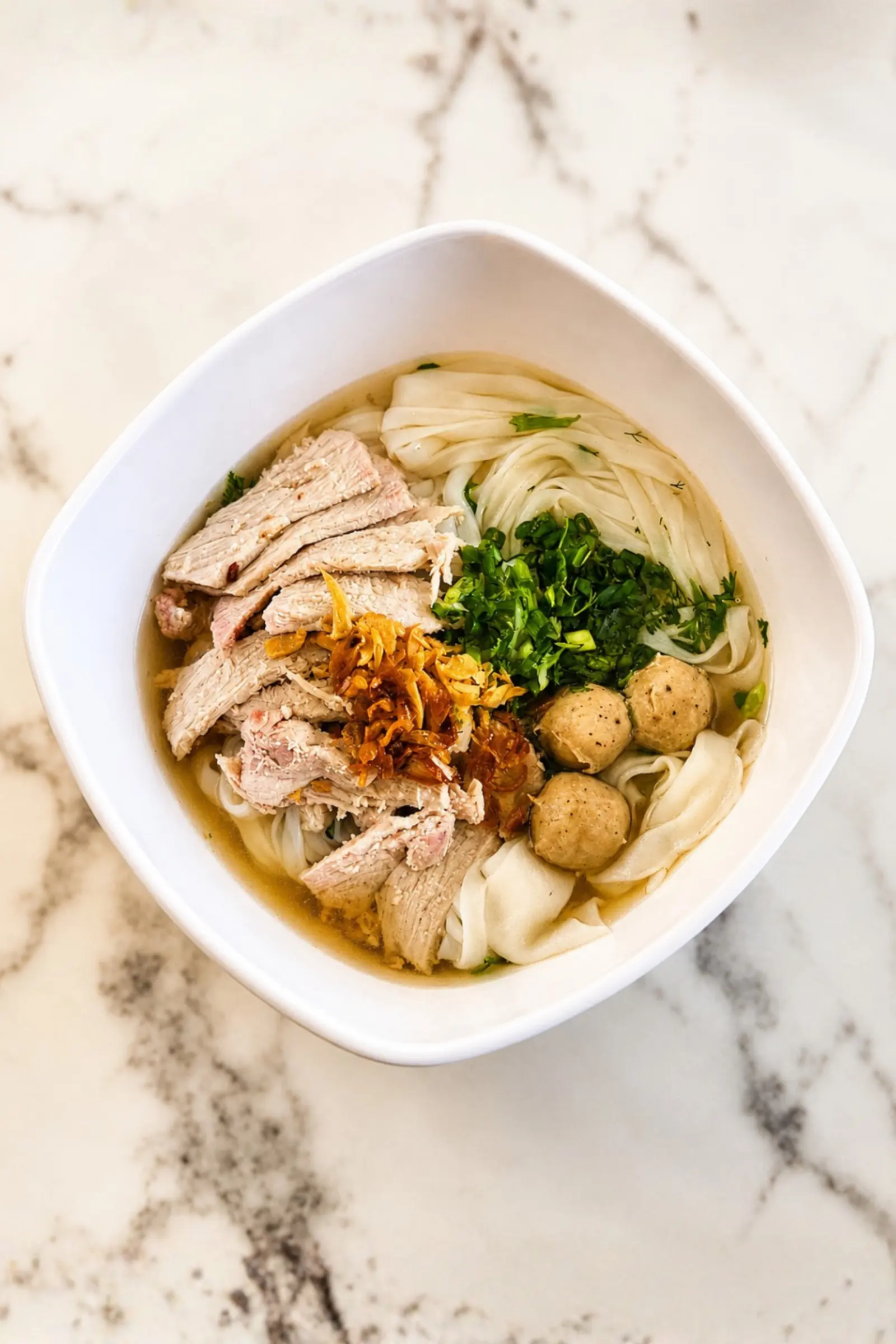 Pho with sliced pork, meatballs, spring onion and fried garlic