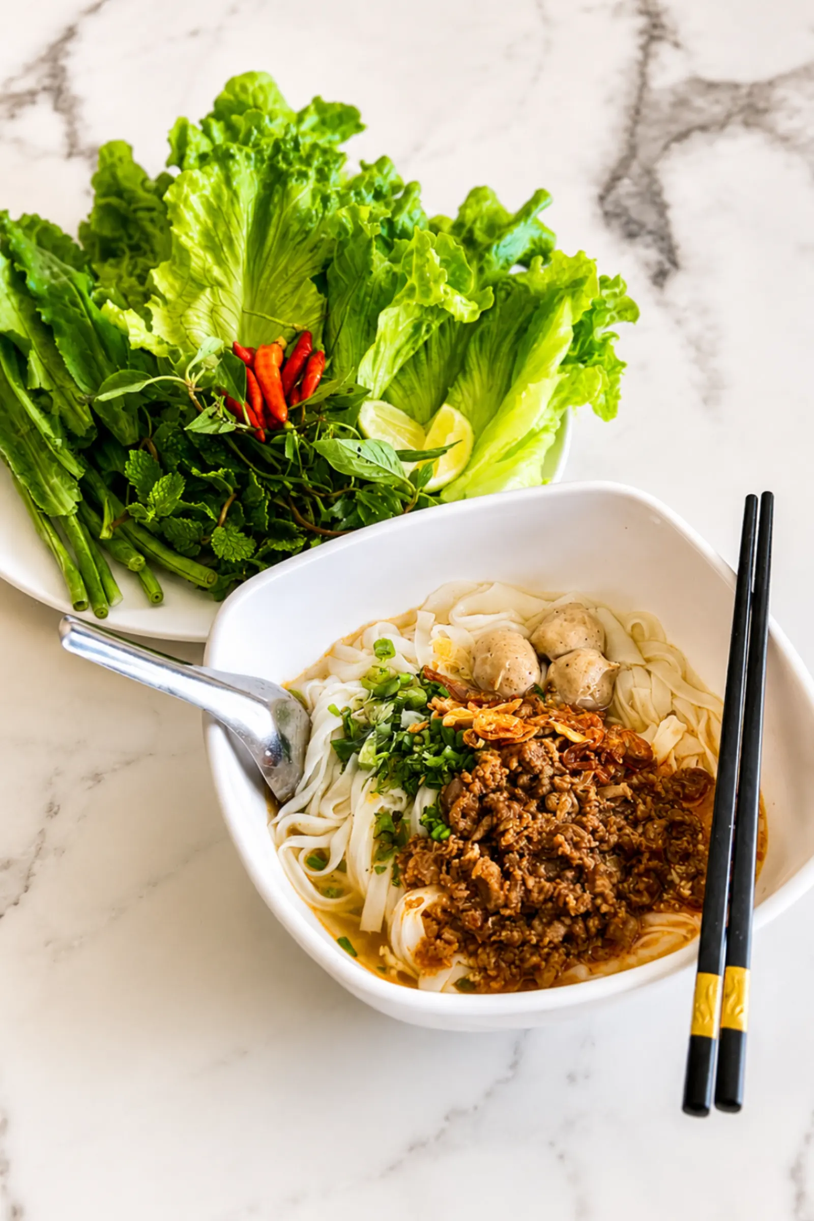 Khao soi — Lao rice noodles under a minced pork and tomato sauce, with fresh greens