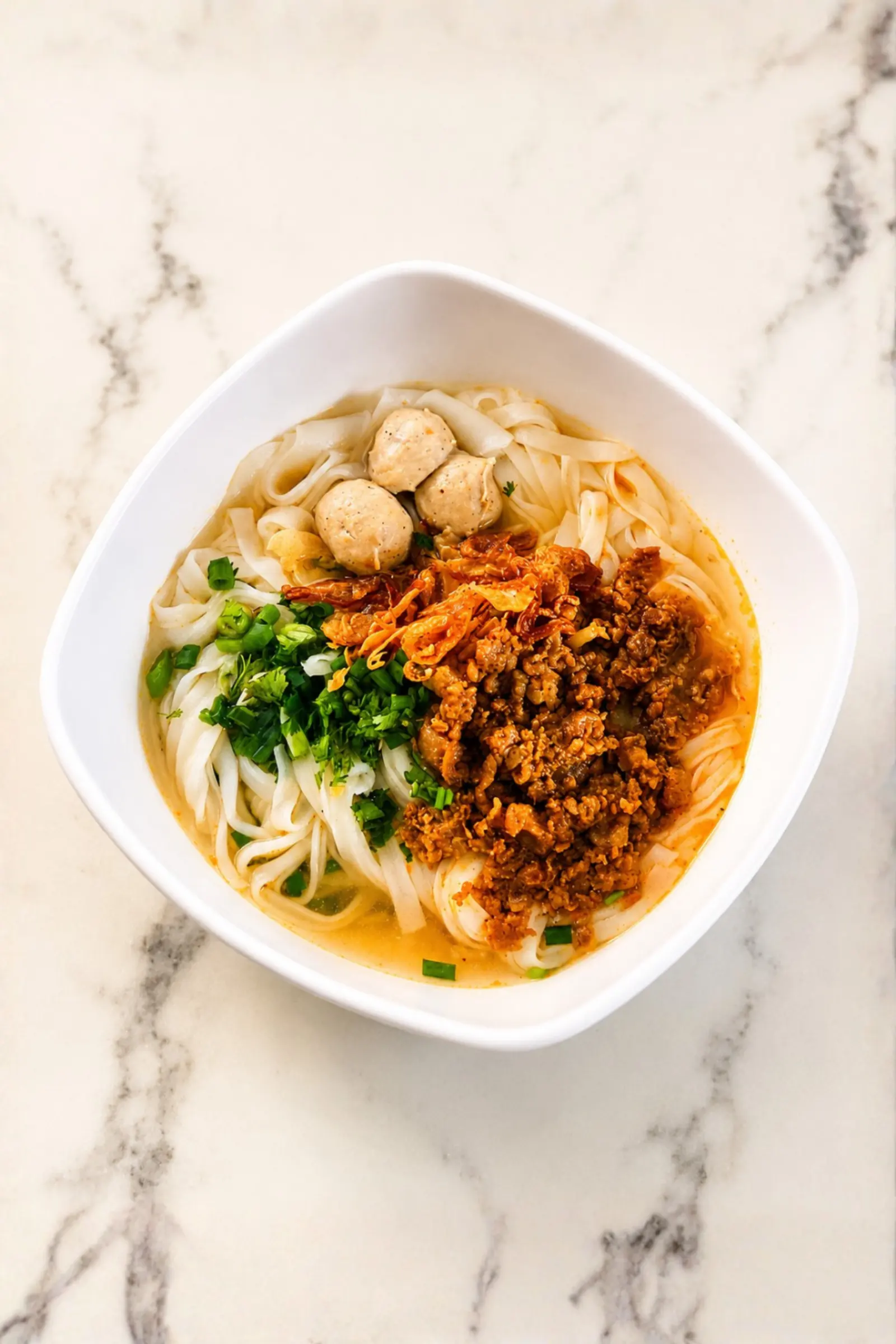 A bowl of khao soi with minced pork sauce, spring onion and fried garlic