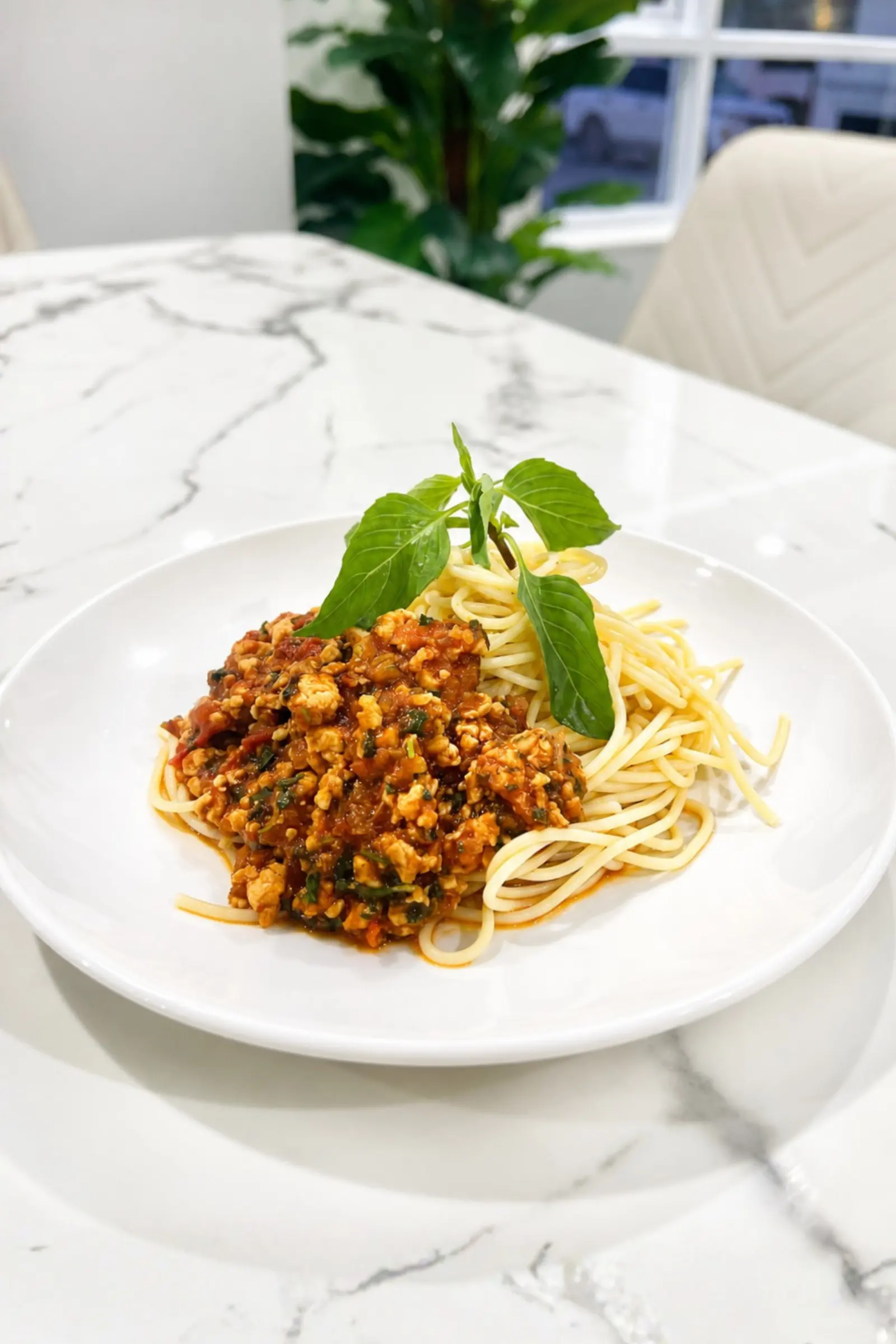 Spaghetti with minced pork bolognese and fresh basil