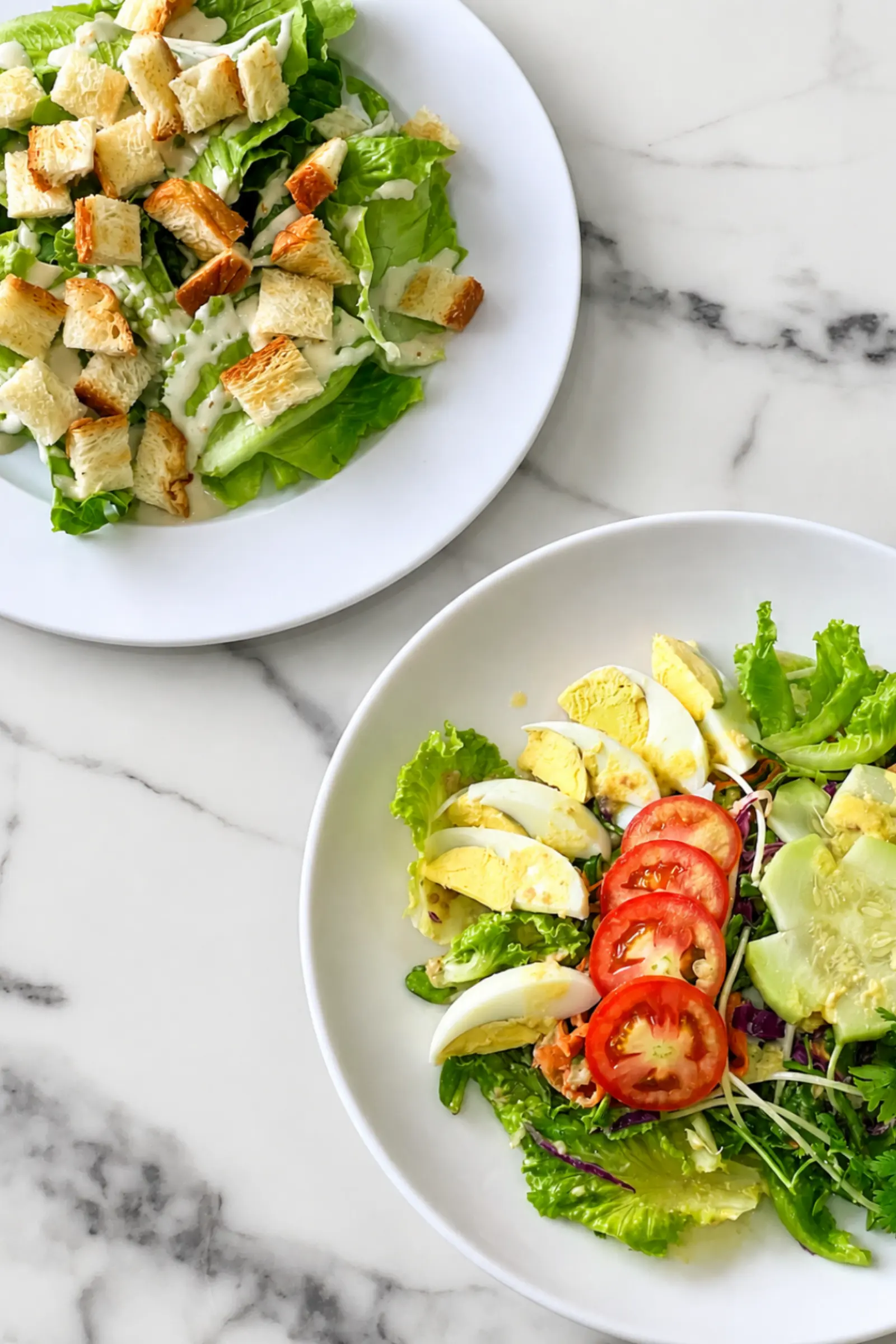 Two salads — croutons and greens, tomato, cucumber and egg