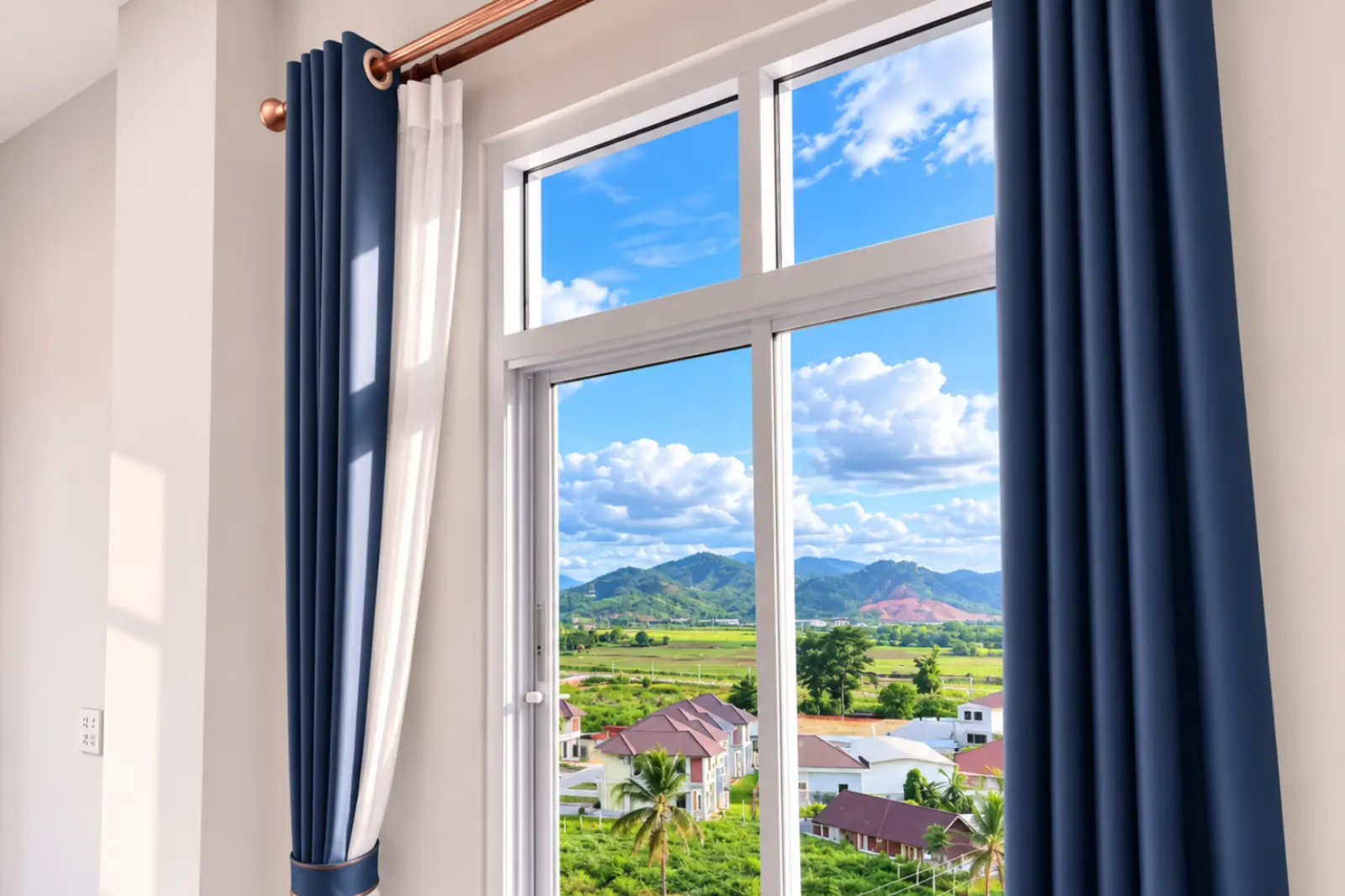 Open guest-room window framing palms, rice fields and mountains under a blue sky